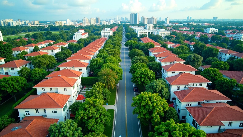 Aerial view of Holland Village neighborhood with tree-lined streets, low-rise residential buildings, shopping centers, and lush greenery in Singapore