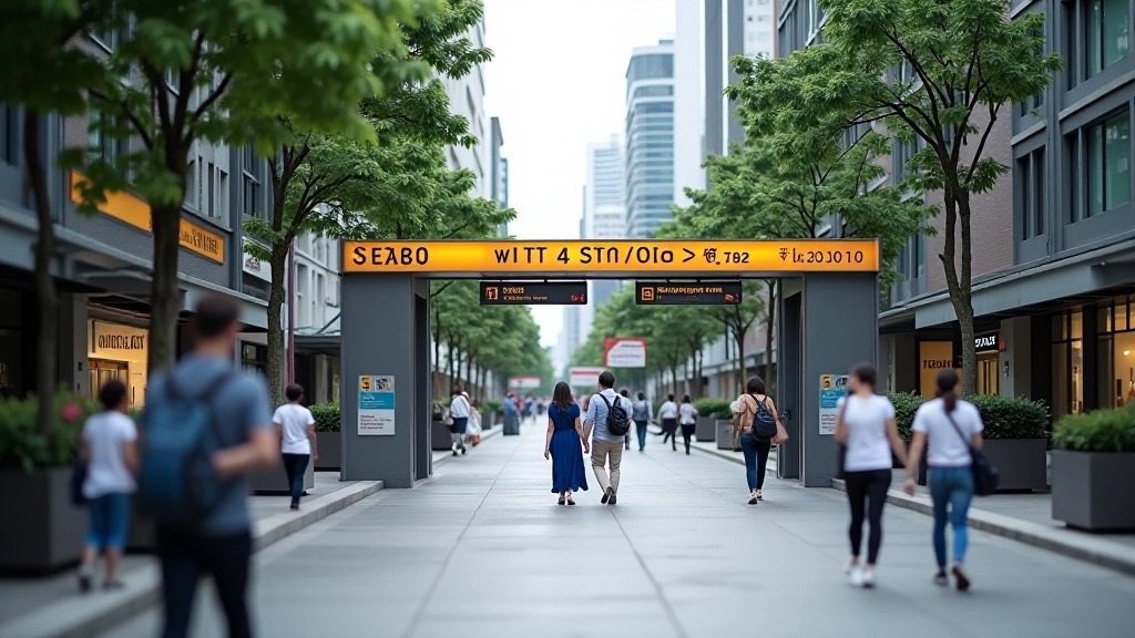 Busy neighborhood street scene with MRT station entrance, pedestrians walking, modern urban infrastructure