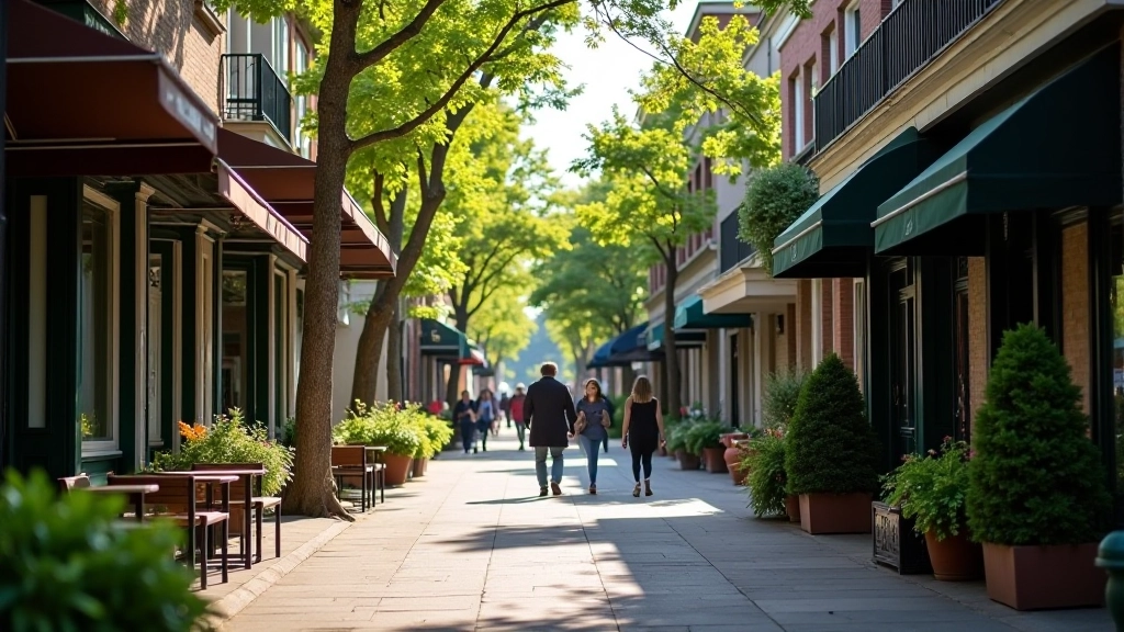 Holland Village street scene with storefronts and cafe tables, residential neighborhood with greenery and pedestrians, daytime street photography