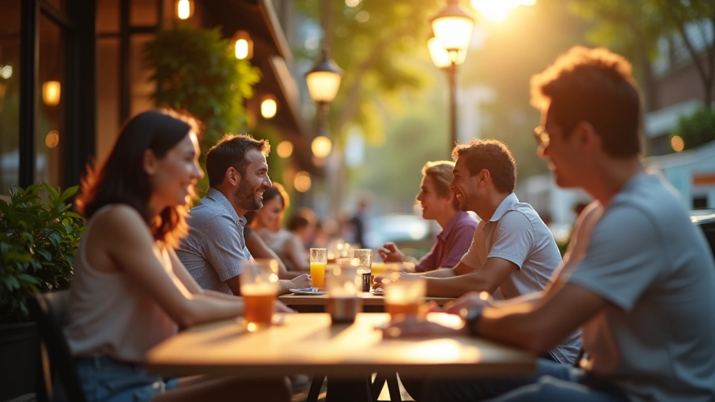 Expat community gathering in Holland Village neighbourhood, diverse group of people, outdoor cafe setting, warm natural light, friendly atmosphere