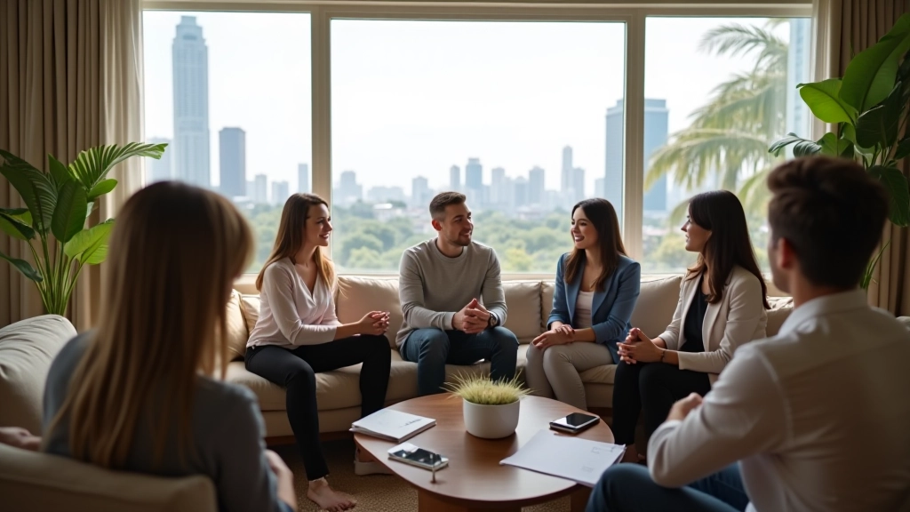Group of expats having conversation in modern apartment