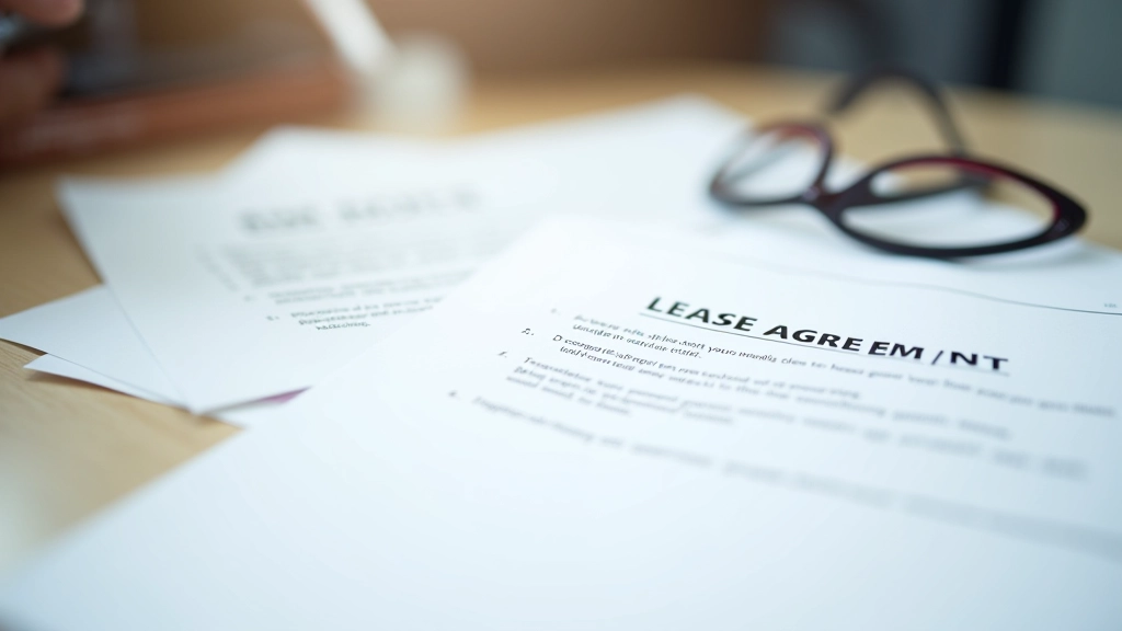 Professional close-up of lease document pages with highlighted key sections and annotations, legal document details visible, office desk setting