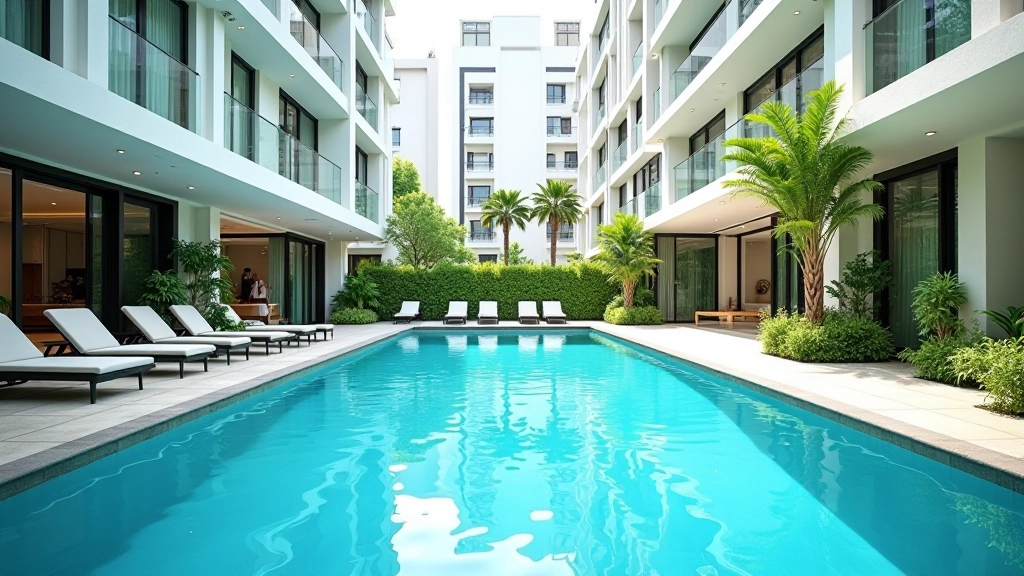 Apartment amenities display showing swimming pool, fitness center, and landscaped common areas in residential building