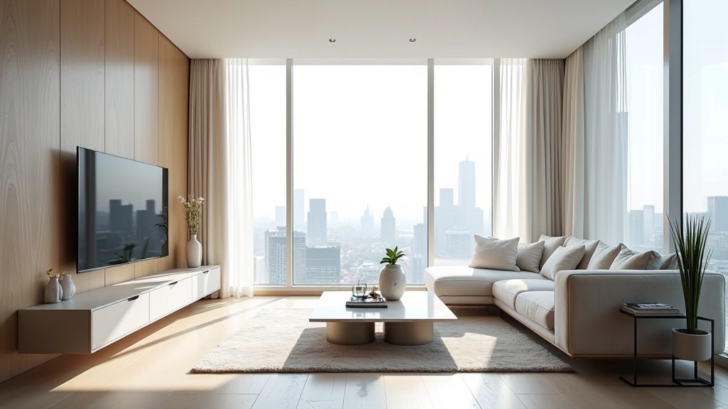 Modern apartment living room with floor-to-ceiling windows overlooking Singapore's skyline, contemporary furniture, bright natural light