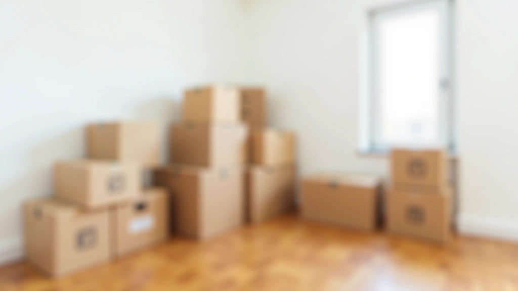 Moving boxes stacked in apartment corner, cardboard boxes labeled with markers, apartment interior with white walls and parquet flooring