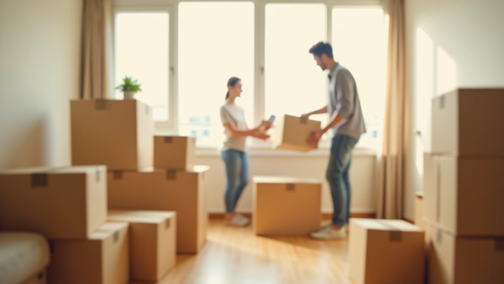 Moving day scene with cardboard boxes stacked in apartment entrance