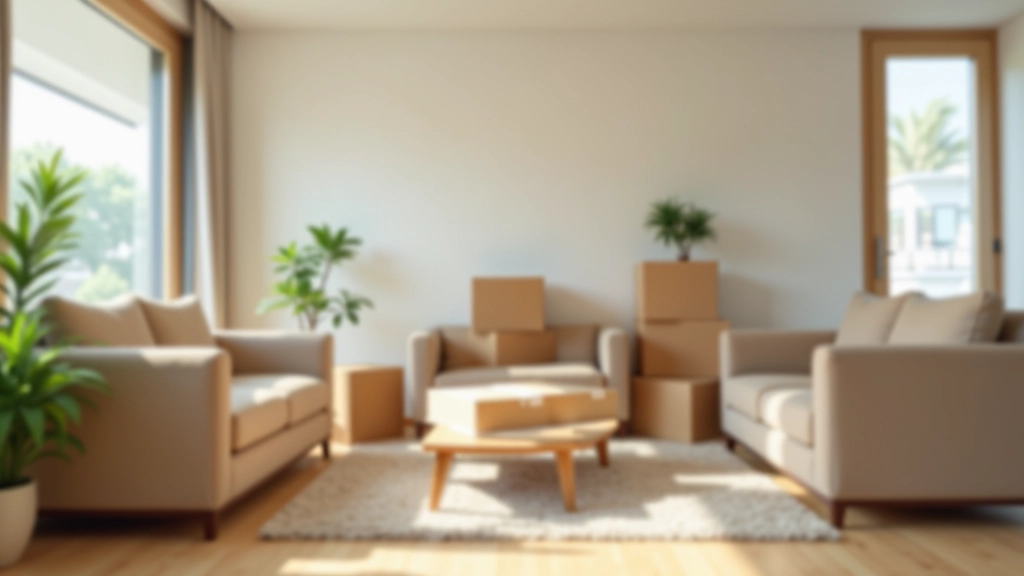 Organized apartment interior with unpacked boxes, furniture arrangement, and organized spaces, clean and tidy apartment scene