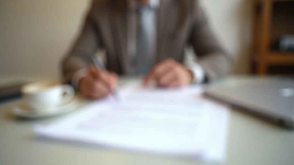 Person reviewing apartment lease agreement document at desk with pen and coffee cup