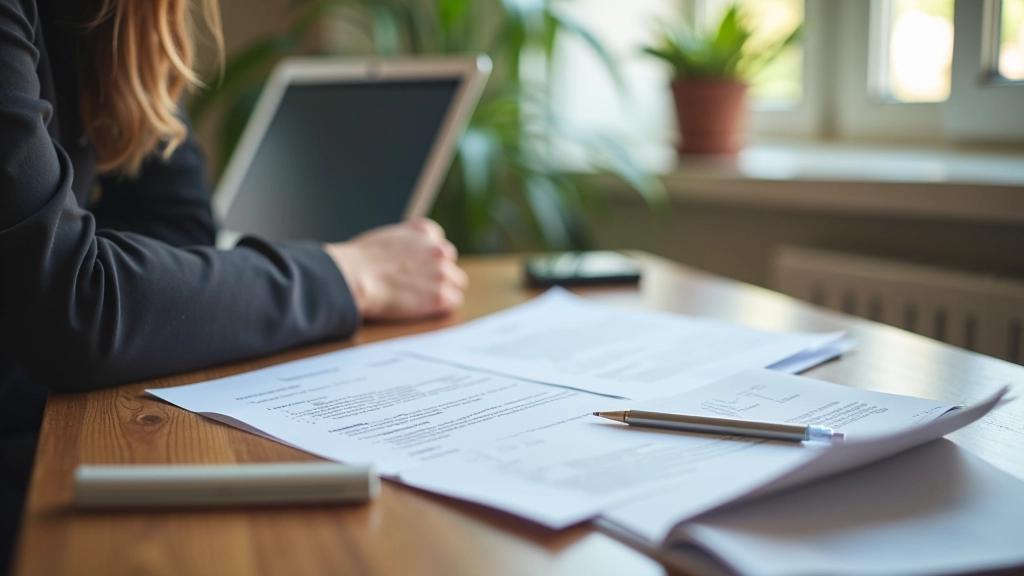 Person sitting at desk with laptop and documents, reviewing utility bills and service contracts, apartment interior with natural lighting