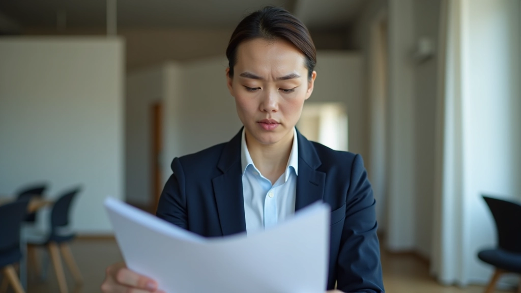 Person with concerned expression reviewing document, thoughtful pose, decision-making moment, professional setting with papers