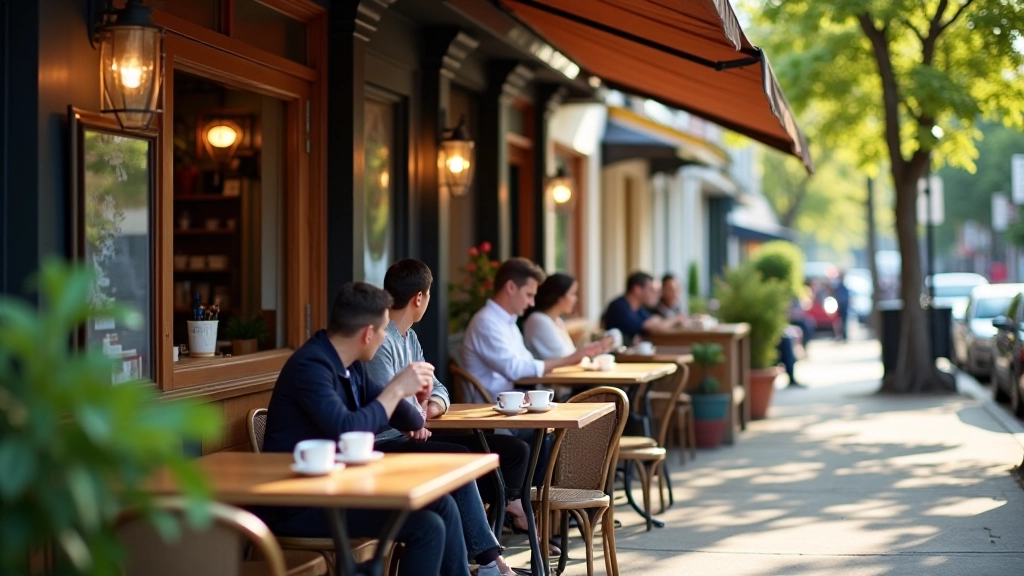 Cozy neighborhood cafe with outdoor seating, customers enjoying coffee and pastries in warm afternoon light